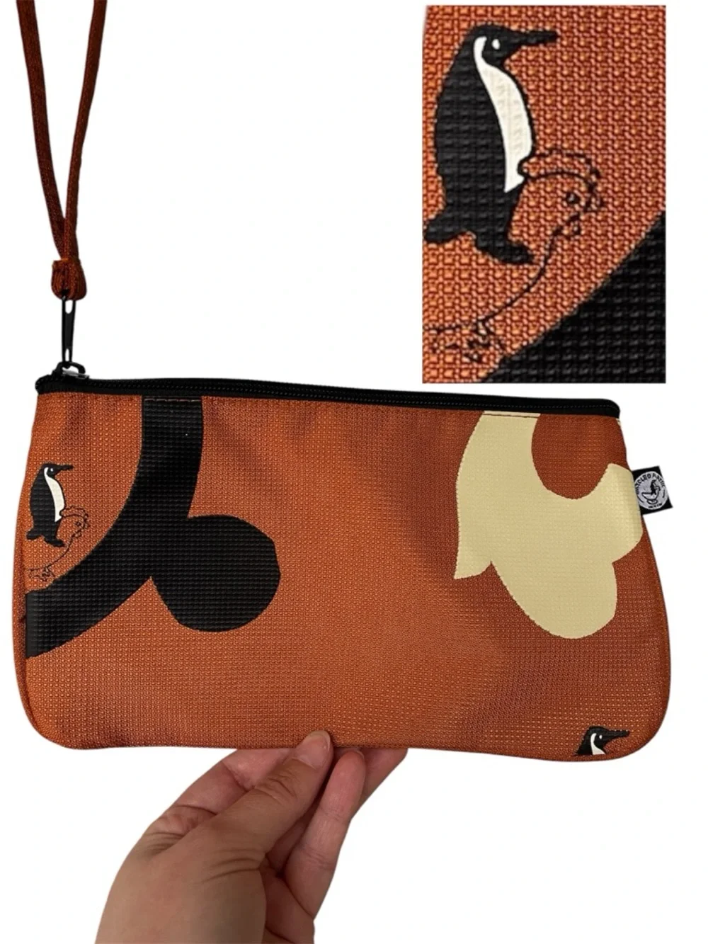 Penguin Print Orange Recycled Plastic Wristlet Clutch Pouch